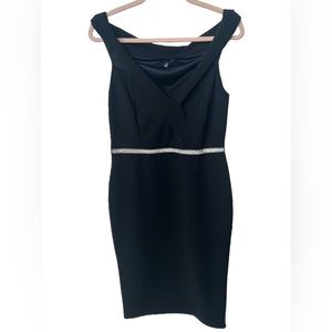 Quiz Black Off Shoulder Sheath Dress w/ Rhinestone Belt line